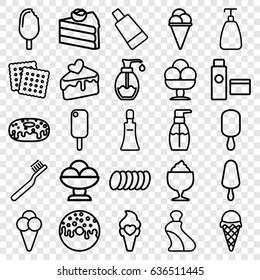 Cream icons set. set of 25 cream outline icons such as cookies, soap, toothbrush, bottle soap, donut, milkshake, cake slice, cookie