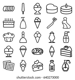 Cream icons set. set of 25 cream outline icons such as cookies, spa bag, soap, toothbrush, bottle soap, donut, milkshake, milk, cake slice, heart cake, cake, pie