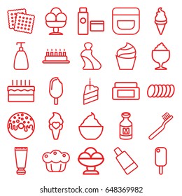 Cream icons set. set of 25 cream outline icons such as cookies, soap, toothbrush, donut, milkshake, milk, cake, piece of cake, pie