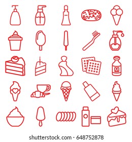 Cream icons set. set of 25 cream outline icons such as cookies, soap, toothbrush, bottle soap, donut, milkshake, coffee and croissant, milk, cake slice, piece of cake, cookie