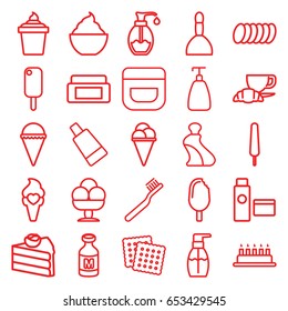 Cream icons set. set of 25 cream outline icons such as cookies, spa bag, soap, toothbrush, bottle soap, milkshake, coffee and croissant, milk, cookie