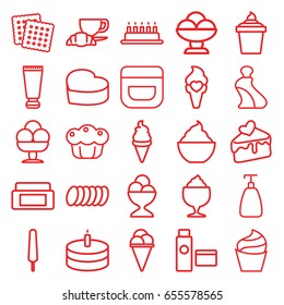 Cream icons set. set of 25 cream outline icons such as cookies, soap, milkshake, coffee and croissant, heart cake, cake, pie