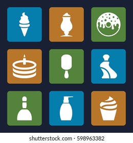 cream icons set. Set of 9 cream filled icons such as spa bag, bottle soap, donut, milkshake