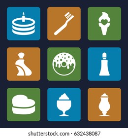 Cream icons set. set of 9 cream filled icons such as toothbrush, donut, milkshake, heart cake