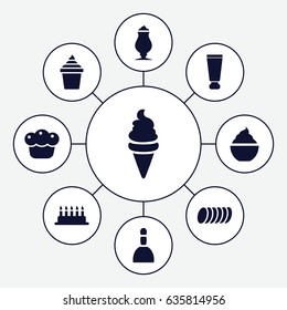 Cream icons set. set of 9 cream filled icons such as spa bag, milkshake, pie, cookie