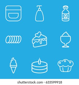 Cream icons set. set of 9 cream outline icons such as soap, milkshake, milk, cake slice, cake, pie