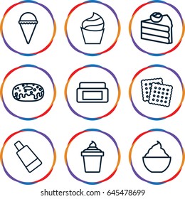 Cream icons set. set of 9 cream outline icons such as cookies, donut, milkshake