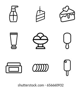 Cream icons set. set of 9 cream outline icons such as bottle soap, cake slice, piece of cake