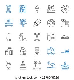 cream icons set. Collection of cream with cake, beach, wedding cake, ice cream, tooth brush, soap, cupcake, milk, sun candy, foam, popsicle. Editable and scalable icons.