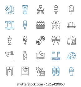 cream icons set. Collection of cream with ice cream, sweet, sauce, beach, ice cream machine, cookie, soap, biscuit, gelatine, cake. Editable and scalable icons.