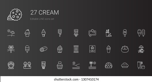 cream icons set. Collection of cream with pie, beach, cupcake, ice cream, seer, candy, cake, sweet, toothbrush, soap, dispenser, food stall. Editable and scalable icons.