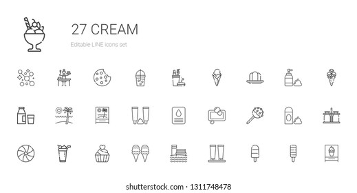 cream icons set. Collection of cream with popsicle, beach, ice cream, cupcake, candy, cake pop, soap, toothpaste, milk, gelatine, toothbrush. Editable and scalable icons.