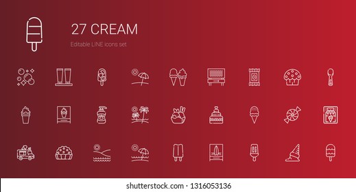 cream icons set. Collection of cream with popsicle, beach, pie, ice cream truck, ice wedding cake, shampoo, candy, ice machine. Editable and scalable icons.