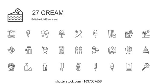 cream icons set. Collection of cream with popsicle, shampoo, ice cream, milk, foam, seer, soap, macarons, candy, sorbet, sun lotion, toothbrush. Editable and scalable icons.