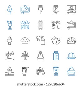 cream icons set. Collection of cream with sun cream, ice truck, ice gelatine, milk, cake, beach, pie, without, soap, candy, dispenser. Editable and scalable icons.