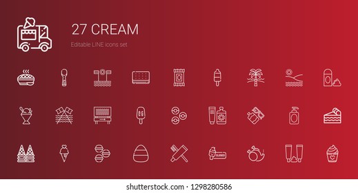 cream icons set. Collection of cream with without, ice cream, toothpaste, candy, macarons, sun lotion, sun donuts, popsicle, beach, sorbet. Editable and scalable icons.