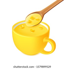 Cream instant corn soup in a wooden spoon and a yellow cup, liquid food, design for packaging. Vector illustration.