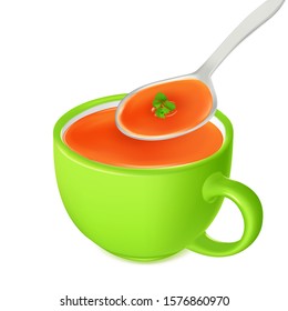 Cream instant tomato soup in a spoon and a green cup, liquid food, design for packaging. Vector illustration.