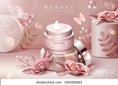 Cream jar ads on podium with pink paper flowers in 3d illustration