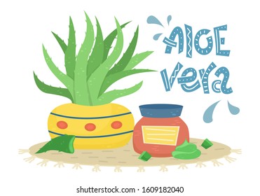 Cream in a jar with aloe Vera and Aloe vera plant in a pot. Creative vector illustration with lettering. 