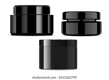 Cream jar. Black plastic container mockup, vector illustration. Black glossy glass package for beauty product, creative concept for advertising, marketing presentation, label and logo display