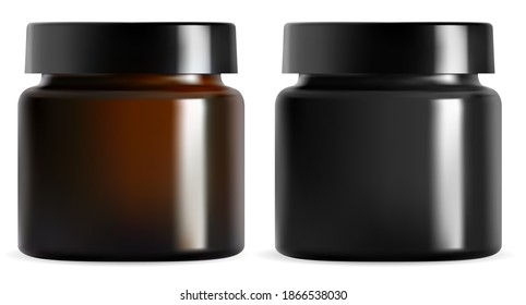 Cream jar. Black plastic cosmetic packaging mockup. Isolated brown glass container vector blank. Realistic amber can with glossy cap for face lotion. Round canister for premium cosmetics product