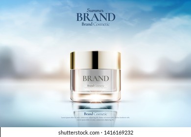 Cream jar cosmetic ads on clear bokeh background in 3d illustration