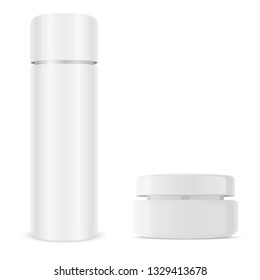 Cream Jar, Cosmetic Bottle Set. Glass Pack Mockup. Beauty Care Realistic Cosmetics Package for Face or Hand Skin, Hair Volume, Styling. Luxury 3d Tube Illustration.