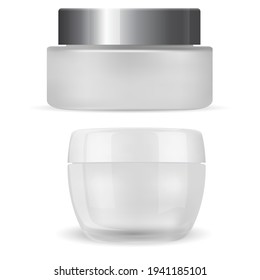 Cream jar. Cosmetic package mockup, plastic container realistic 3d vector. Face skin beauty product, round cosmetic cream. Simple realistic glass jar, branding identity, product logo. Cosmetic bottle