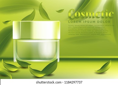 cream jar cosmetic products ad, with green tea leaves background
