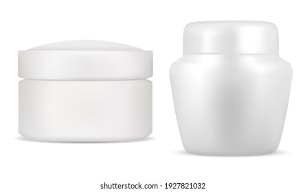 Cream jar cosmetic white package. Creme bottle mockup, round 3d vector blank. Realistic lotion packaging for corporate identity branding. Skin blush makeup can, beauty jar template svg