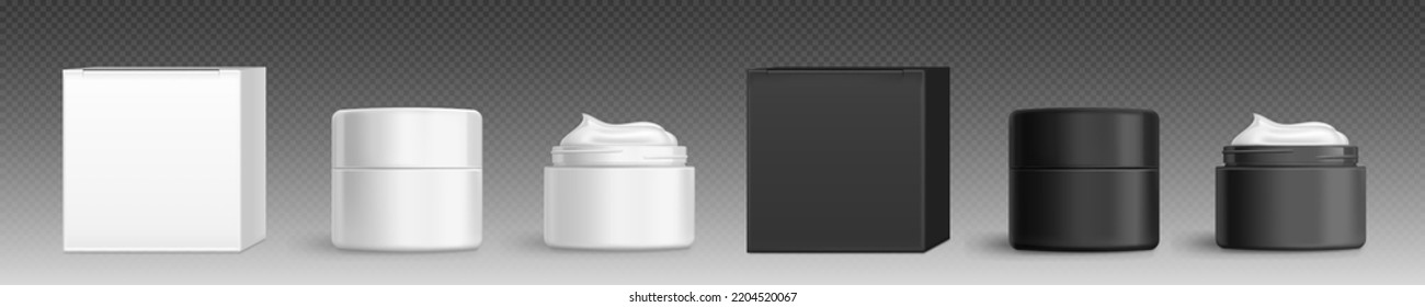 Cream jar, cosmetics package and boxes mock up. Skin care cosmetic tubes, beauty product packs, black and white makeup containers with screw caps, Realistic 3d vector design, isolated mockup set