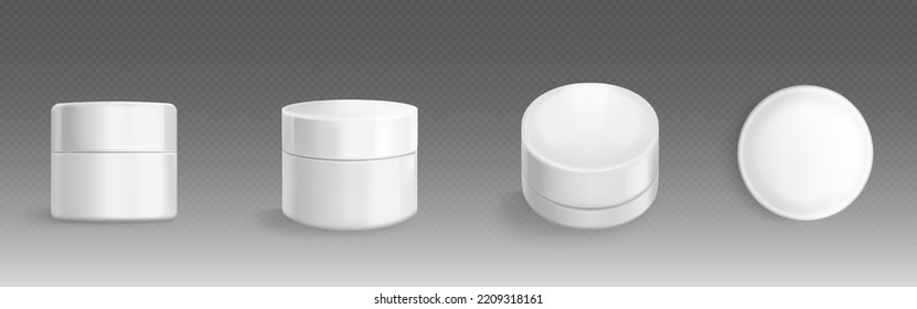 Cream jar, cosmetics package for face or skin care, cosmetic lotion, beauty product packs in different positions. Makeup containers with screw caps , Realistic 3d vector design, isolated mockup set