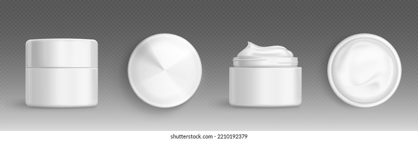 Cream jar, cosmetics package for face or skin care, cosmetic lotion, beauty product packs front and top view. Closed and open containers with screw caps Realistic 3d vector design, isolated mockup set