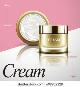 Cream jar design element, glass cosmetic cream container isolated on geometric background in 3d illustration