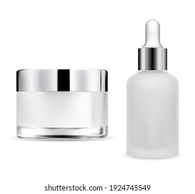 Cream jar, dropper bottle transparent glass, serum package with eye drop cap, 3d blank. Silver lid flask, creme container on white background. Skin beauty product, makeup. Essential vial eyedropper