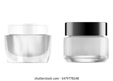 Cream Jar. Glass Cosmetic Jar. Clear Round Container without Label. Plastic Packaging Mockup for Face Care Product. 3d Design of Glossy Packaging for Powder, Scrub, Butter, Lotion. Transparent Package