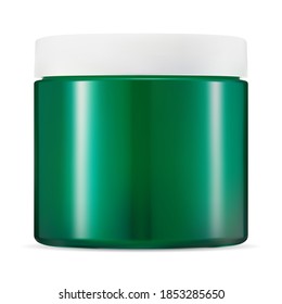 Cream jar. Green plastic cosmetic container. Vector packaging blank for face care creme with white cap. Realistic glossy side round package for facial makeup powder with no label. Front view