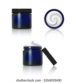 Cream jar isolated on white background. Skin care product package. Color glass jar
