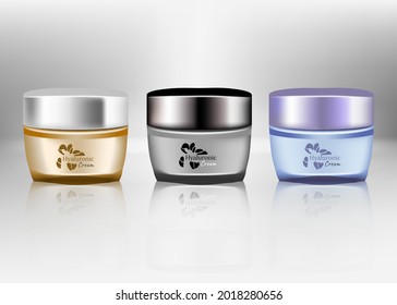 Cream jar isolated on white background. Cosmetic glass bottle (transparent). Beauty product package, vector illustration.