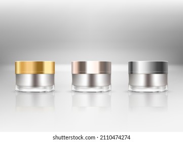 Cream jar isolated on white background. Cosmetic glass bottle (transparent). Beauty product package, vector illustration.