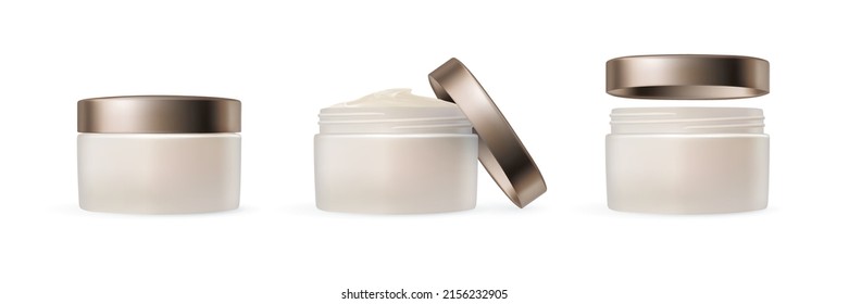 Cream jar isolated on white background. Set of closed and open plastic jar with cream. Collection of cosmetics for skin care. Vector illustration