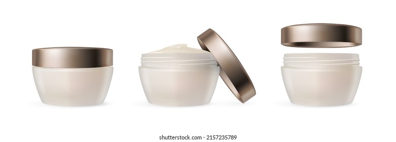 Cream jar isolated on white background. Set of closed and open plastic jar with cream. Collection of cosmetics for skin care. Vector illustration