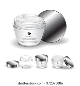 Cream jar isolated on white background. Cosmetic glass bottle (transparent). Beauty product package, vector illustration.