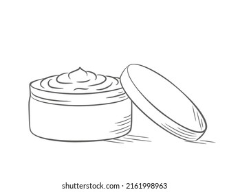 Cream in a jar with a lid. Doodle sketch style. Line drawing cream simple icon. Isolated vector illustration.