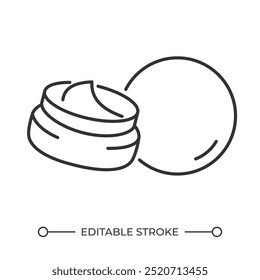 Icono lineal de tarro de crema. Producto de belleza para el cuidado de la piel. Cuidado personal. Crema facial. Embalaje de tratamiento de belleza. Ilustración de línea delgada. Símbolo de contorno. Dibujo de contorno de Vector. Trazo editable