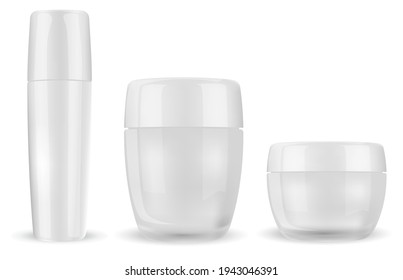 Cream jar mock up. Face creme cosmetic bottle. Glossy glass creme jar blank. Round clear plastic pack, cosmetic container, balm, powder, medicine canister, skin beauty tube 3d vector illustration