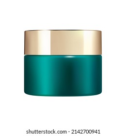 Broma con tarro de crema. Modelación del vector del contenedor cosmético de crema corporal. Frasco de plástico verde con tapón de oro para mantequilla o exfoliación de piel, diseño cosmético cuidado de belleza. Empaque glodoso de cara realista