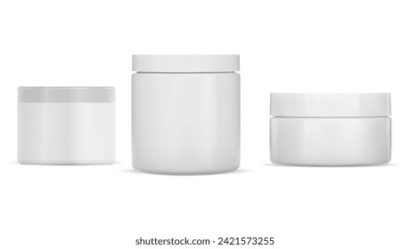 Cream jar mockup. Cosmetic product package template, isolated vector blank. Round face powder container design. Plastic packaging for body butter or mask with lid. Creme canister set