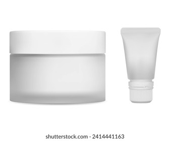 Cream jar mockup. Face cream glass container blank. Lip moisturizer plastic tube. Medicine scrub or balm round jar template. Eye gel squeeze tube, cosmetic ointment pack.